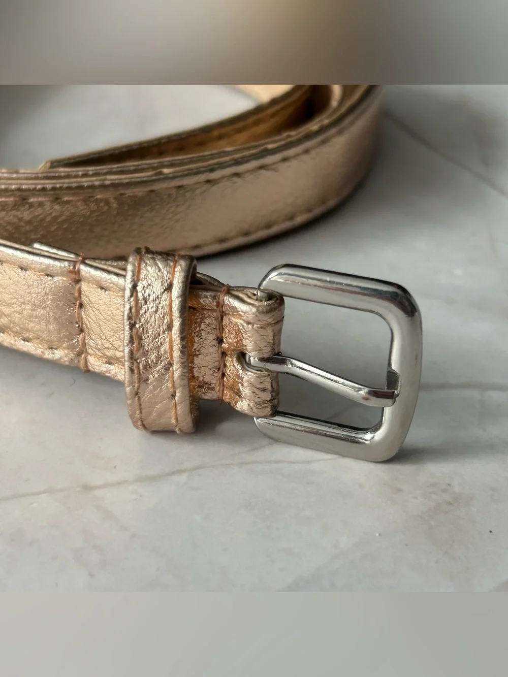 Metallic Rose Gold Slim Leather Belt with Silver Buckle